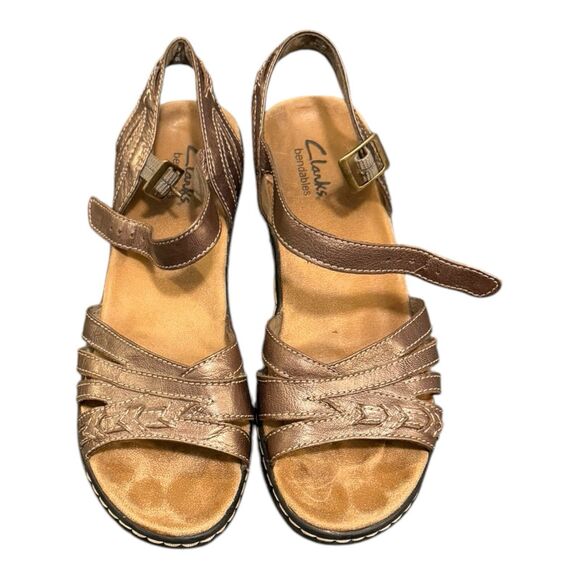 Clarks bendable Women's Leather Sandals Bronze criss cross wedges shoes Size 8M - Picture 12 of 12